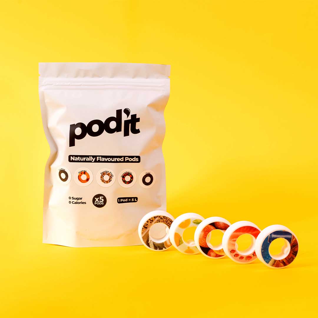 podit 5 mixed flavor pods (coffee, orange, passion fruit, strawberry, and cola)