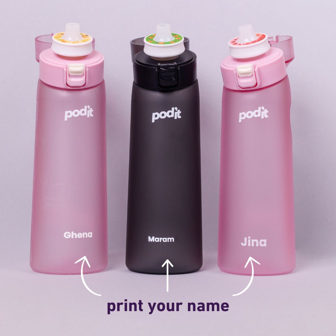 Podit water bottle, 650ml Graphite black water bottle, with print name option